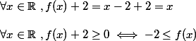 \forall x \in \mathbb{R}~,f(x)+2=x-2+2=x
 \\ 
 \\ \forall x \in \mathbb{R}~,f(x)+2\geq 0 \iff -2\leq f(x)
 \\ 